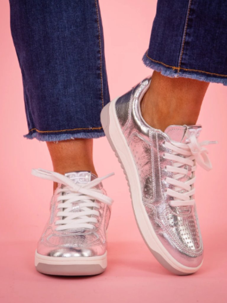 Sam Edelman Harper Metallic Leather Sneakers Silver/White Size 9.5 Nib